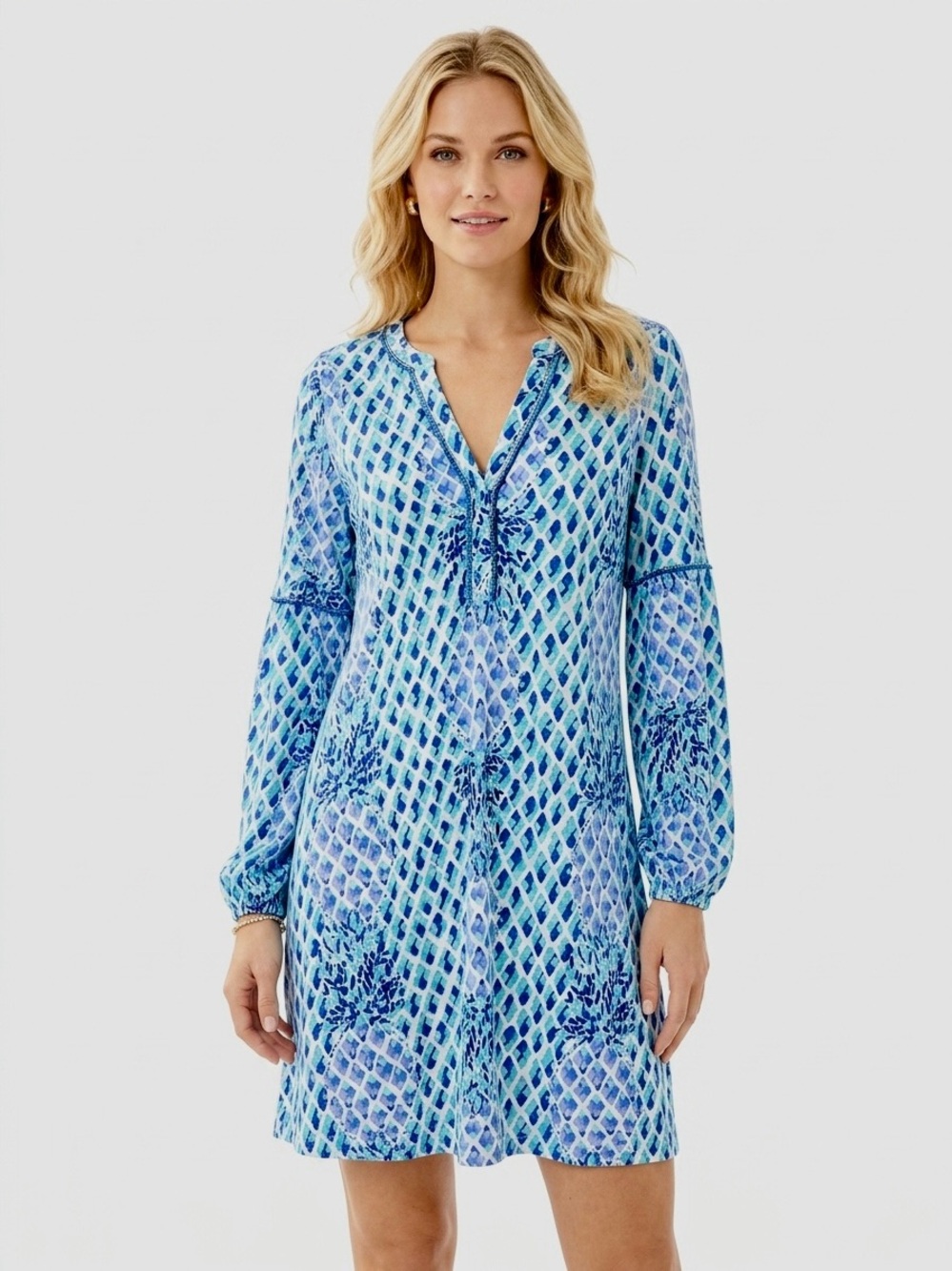 Lilly Pulitzer "Toe In" Blue Pineapple Joy Tunic Long Sleeve Dress XS